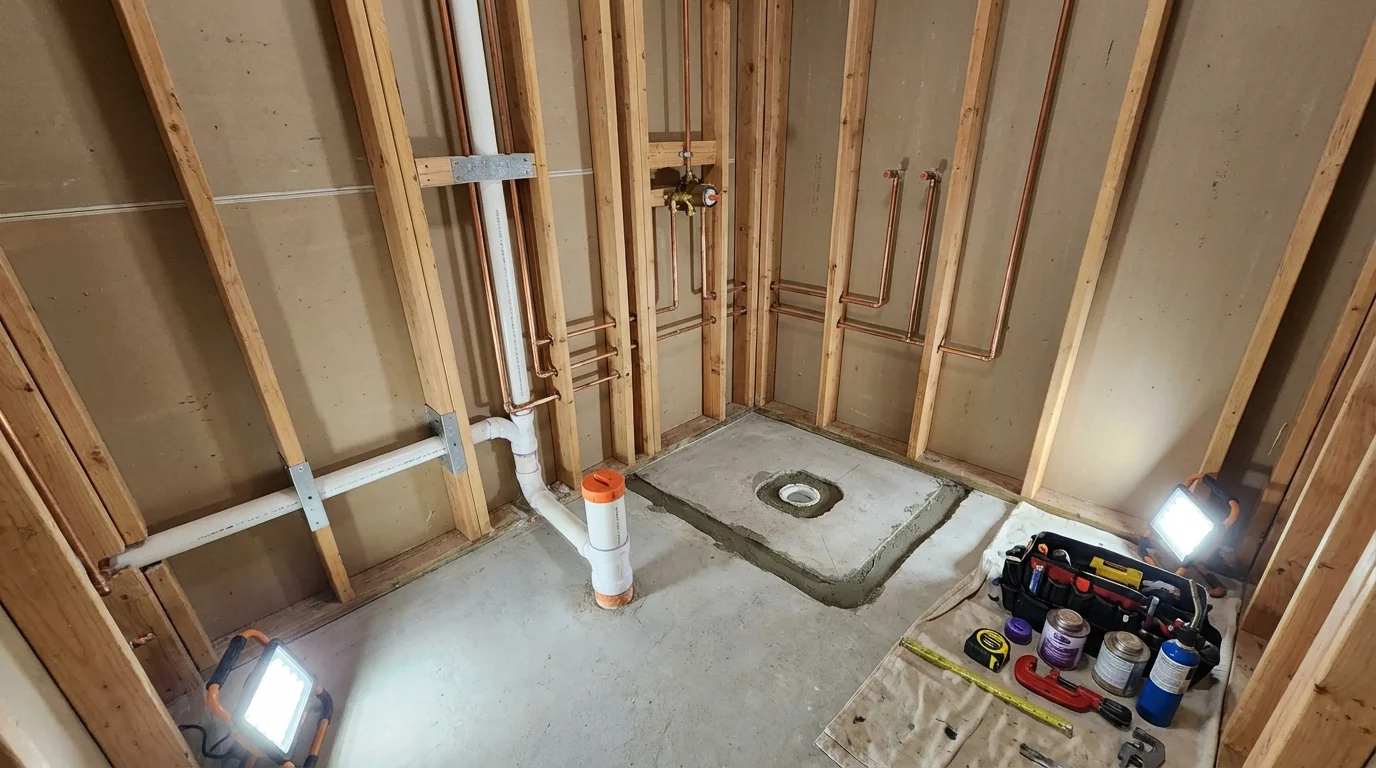 Bathroom rough-in plumbing during remodel by Johns Plumbing LLC in Bonner Springs