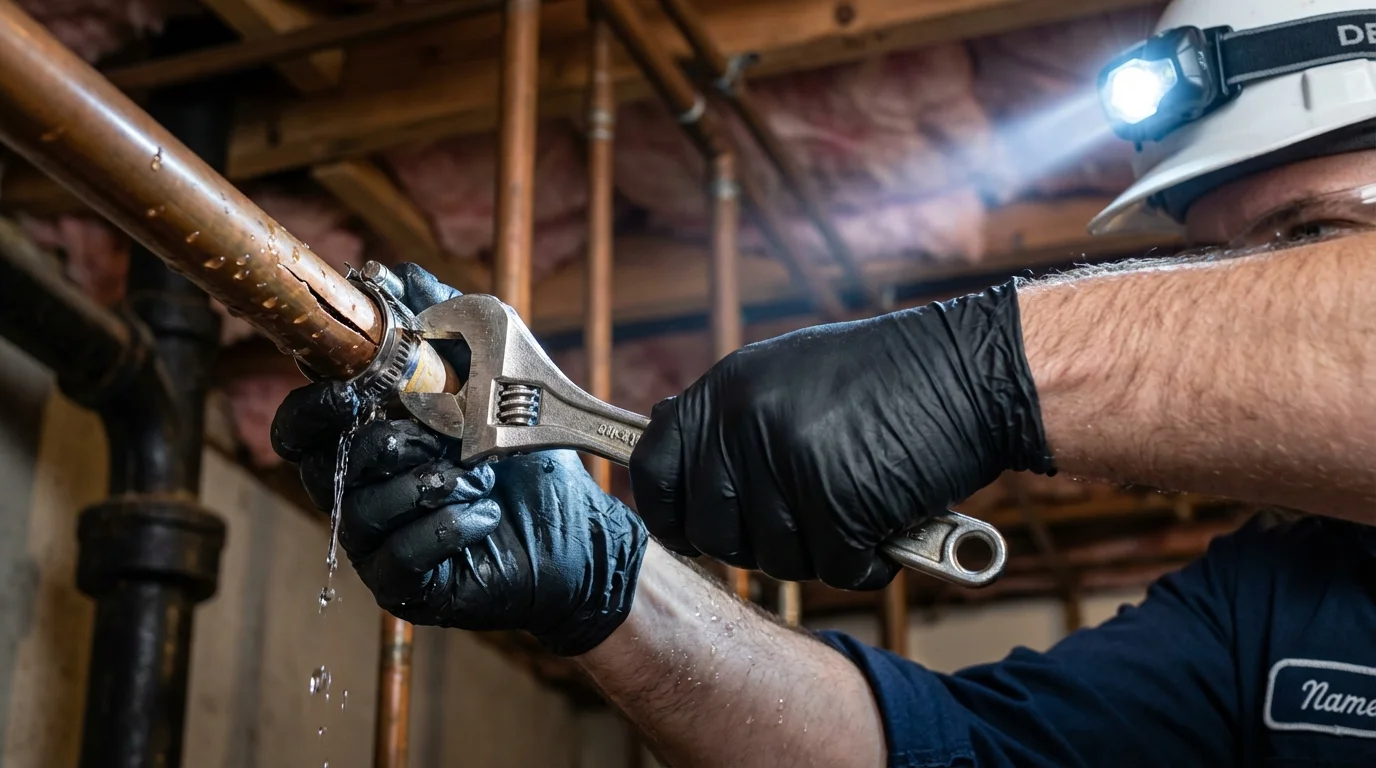 Emergency pipe clamp repair being performed by a Johns Plumbing LLC plumber in Bonner Springs