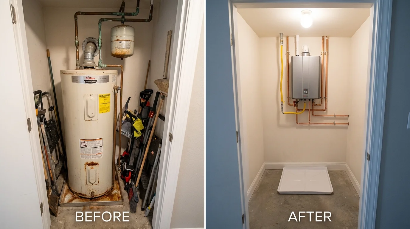 Tank water heater versus wall-mounted tankless unit comparison for Bonner Springs, KS homeowners