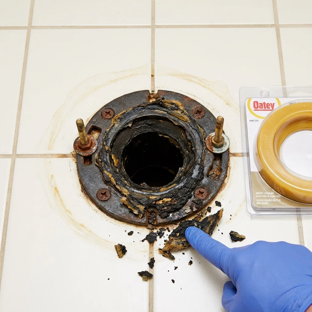 Failed wax ring showing water seepage at the base of a toilet in a Bonner Springs, KS home