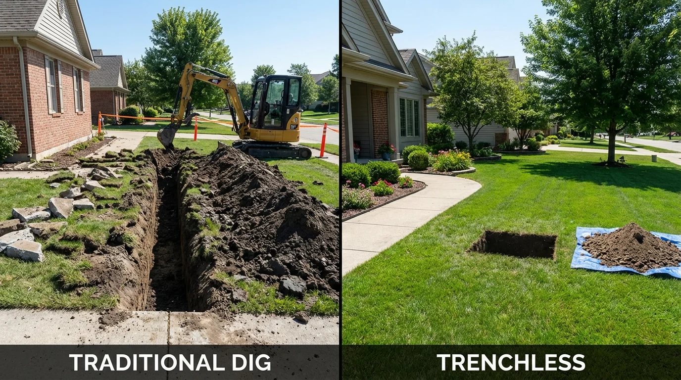 Trenchless sewer repair with minimal yard damage versus traditional excavation in Bonner Springs, KS