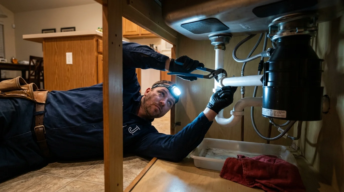 P-trap and supply line connections under a kitchen sink showing a common leak point in Bonner Springs, KS